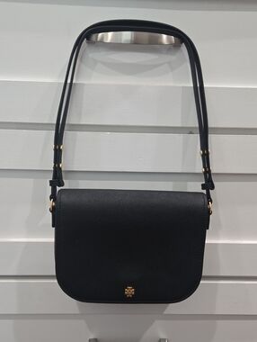 Tory Burch Black Saffiano Crossbody with Gold Logo In Black